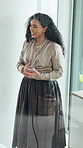 Woman, presentation and discussion with smile at office meeting, review and window at finance company. Person, speaker and questions with pitch, glass and explain with proposal at investment agency