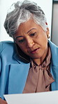 Multitask, workload and business woman in office, work pressure and chaos in financial company. Busy, mature professional and phone call with tablet for review, investment paperwork and overwhelmed