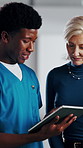 Manager, nurse and tablet with hospital team for research, schedule update or healthcare info. Medical employee, man and woman with tech for telehealth platform, digital report or intern advice