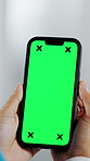 Hands, nurse and phone with green screen in clinic for research, medical report and mockup space. Person, ux and mobile display for telehealth, healthcare results and information on surgery schedule