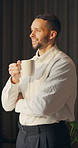 Happy man, thinking and coffee in home with memory, reflection and insight with drink in morning. Person, mindset and perspective with beverage, tea cup and smile for nostalgia with daydream at house