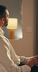 Hotel room, thinking and man with laptop for remote work, problem solving or insurance proposal. Computer, freelancer and person in motel for hospitality policy, coverage planning or idea at night