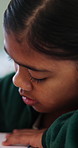 Reading, education and quiz with girl in classroom for test, child development and knowledge. Studying, assessment and academy with student on school campus for learning, course curriculum and exam