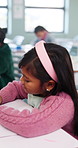 Drawing, education and quiz with girl in classroom for test, child development and knowledge. Studying, assessment and academy with student on school campus for learning, course curriculum and art