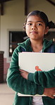 Walking, face and child with book at school, learning journey and thinking for academy education. Portrait, student and girl with smile for academic development, future and studying for knowledge