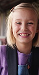 Face, happy and girl student in backpack for school with education, learning or development. Excited, smile and portrait of smart child outdoor with bag ready for knowledge, growth and confident
