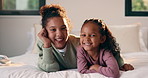Bedroom, girl and face of siblings laughing with bonding, love and connection in home. Happiness, portrait and children relaxing, humor and funny for playful morning or weekend with comfort and hug