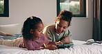 Games, relax and siblings in bedroom with tablet for bonding, fun and weekend in home. Internet, relaxing and girl with sister on digital tech for online streaming, app and family connection