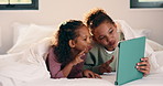 Tablet, children and bed with selfie for humor, photography or funny online memory in home. Happy, sister and siblings with peace sign and tongue out on digital app for weekend games or holiday