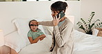 Phone call, fever and mom with child in bed for concern with temperature, disease and symptoms. Family, home and mother with girl on cellphone for sickness, infection and telehealth consultation