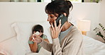 Phone call, thermometer and mom with sick child in bed for concern with flu, fever and symptoms. Family, home and mother with girl on cellphone for virus, infection and telehealth consultation