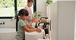 Bathroom, siblings and children by sink for washing hands, cleaning and hygiene in morning. Family, home and girl with boy with water, soap and faucet for wellness, healthy habit and germ protection