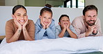 Smile, relax and face of family in bedroom of home for bonding, support and connection. Love, weekend break and happiness with parents and children in apartment for trust, peace and care together 