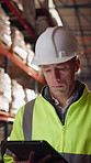 Shipping, man or warehouse inspection on tablet to track inventory, digital cycle count or flare. Logistics manager, mature person and WMS app in depot for quality control, stock check and compliance