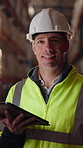 Tablet, man and face of logistics manager in warehouse with online confirmation for order delivery. Technology, portrait and male distribution worker with pride for export safety, cargo or shipping.