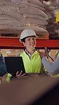 Team, discussion and supply chain in warehouse with laptop, operations strategy or export distribution. People, talk or planning in depot with computer, logistics update or collaboration for shipping