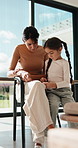 Girl, mom and drawing for book in home with bonding, connection and cognitive development in morning. People, mother and daughter with learning, education and sketch with creativity at family house