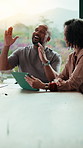 Happy, couple and discussion with tablet in house, financial report and mortgage eligibility on web. Mature African people, talk and planning for dream home purchase, online and research with tech