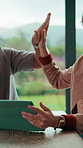 Couple, online and high five with tablet in house, financial report and mortgage eligibility on web. Mature African people, success and plan for dream home purchase, laughing or celebration with tech