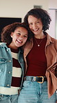 Happy, hug and face of mother with kid in home for bonding, love and connection together. Smile, care and portrait of mom embracing girl child in living room for safety, family or support in house.