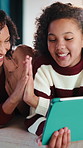 Tablet, high five and mother with child in home for educational game together with bonding on weekend. Happy, digital technology and mom with girl kid for online gaming in living room at apartment.