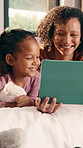 Mom, girl and laugh with tablet on bed for bonding, streaming and funny video in lounge. People, mother and daughter with tech, movies or film subscription on application with love at family house