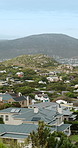 Neighborhood, horizon and view with residential buildings outdoor in nature for community housing. Home, property or real estate with architecture for travel, development or morning for vacation