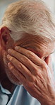 Elderly man, headache and stress in home for thinking, anxiety and worry of retirement plan. Senior person, frustrated and fatigue with eye pain in living room for health, vertigo and brain fog