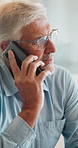 Phone call, planning and senior man on sofa in home with communication, discussion or connection. Ideas, cellphone and elderly male person on mobile conversation for retirement funds in living room.