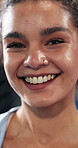 Face, woman and fitness with smile for exercise, pride and positive attitude for sports practice. Happy, active person and athlete with good mood for cardio workout, training or optimism for wellness
