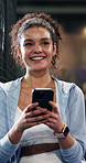 Thinking, athlete and woman with phone on tennis court, laugh and communication with contact on web. Fitness, online and happy person with mobile for chat, reflection and reading funny message on app