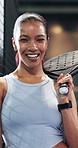 Padel tennis, sports and face of woman with racket for practice, exercise and challenge at indoor court. Fitness club, smile and happy person with equipment for playing game, match and training