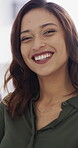 Face, laughing and business woman in office for about us, branding manager and professional pride. Confidence, creative director and smile with employee in media agency for advertising project