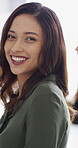 Face, meeting and happy with business woman for about us, branding manager and professional pride. Confidence, creative director and smile with employee in media agency for advertising project