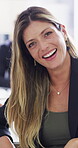 Face, happy and funny with business woman for about us, branding manager and professional pride. Confidence, creative director and smile with employee laughing in media agency for advertising project