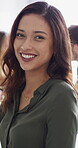 Face, meeting and business woman in office for about us, branding manager and professional pride. Confidence, creative director and smile with employee in media agency for advertising project