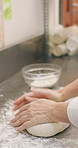 Hospitality, dough and hands in restaurant with kneading, baking or bread technique in food industry. Preparation, woman or chef with culinary process, cuisine service or pastry production in kitchen