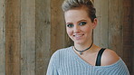 Education, woman and face of student by wall for knowledge, studying or learning with confidence. Space, scholarship and portrait of female person with pride for college about us on university campus