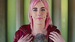Face, woman and punk fashion at university with backpack, piercings and creativity for edgy aesthetic. Serious, person or student at college with bag, education or alternative style for individuality