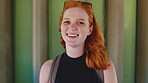 Face, hair and woman in wind for beauty school, scholarship or college opportunity on campus. Happy, portrait and cosmetology student or person for creative academy, talent or ambition at university