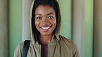 Student, face and girl with smile at college for learning, study opportunity or semester start. Education, black person and backpack on campus for academic course, scholarship or ready for university