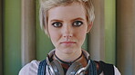 Face, music and woman for college, education or learning academy with artistic scholarship. Campus, outdoor and student person with tech for creative program, course or audio production at institute