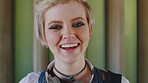 Student, face and girl with laugh at college for learning, study opportunity and arts education. Funny scholar, gen z person and happy on campus for university semester, music course and scholarship