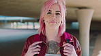 Face, smile and woman with fashion, cool and unique style for campus or city streetwear. Unique, portrait and student or person with smile, edgy and trendy hair for creative academy or education
