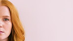 Half, face and serious woman in studio with education, learning or cosmetology college. Beauty, banner and cosmetics student on pink background for makeup academy, enrolment or scholarship mockup