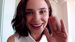 Face, woman and video call in home with wave hello, connection and online communication on weekend. Happy, person relax and greeting in living room with virtual contact POV, conversation and network.