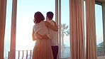 Sightseeing, couple and holiday in hotel, window and spinning with partner on honeymoon and embrace. Motel, view and people with smile on anniversary, support and happy for celebration with spouse