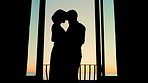 Silhouette, hotel and couple by window dancing together for bonding, love and romantic moment at sunset. Marriage, travel and man with woman for relationship, honeymoon and celebrate anniversary