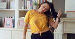 Dancing, house and happy woman with rhythm, energy or vibe for groove, holiday or weekend. Excited, female person or dancer with sound or movement in living room for audio streaming or music in home