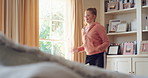 Dancing, home and happy girl with rhythm, energy or vibe for groove, holiday or weekend. Excited, child or teenage dancer with sound or movement in living room for audio streaming or music in house